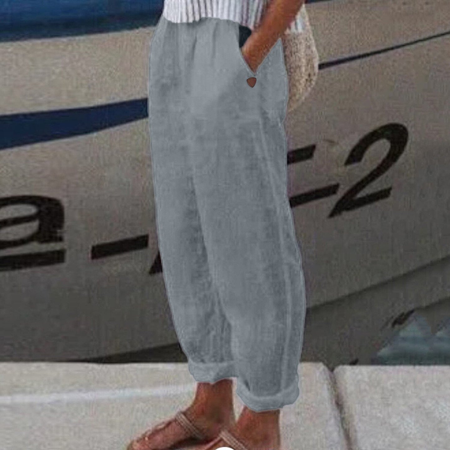 JuliaFashion-Floral Print Cotton Linen Elastic Waist Pants
