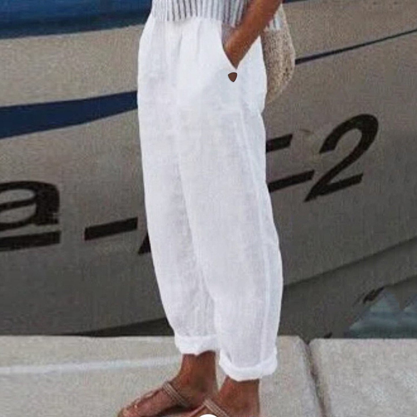 JuliaFashion-Floral Print Cotton Linen Elastic Waist Pants