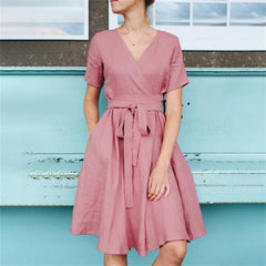 JuliaFashion-Lace-Up Casual Work Midi Dress