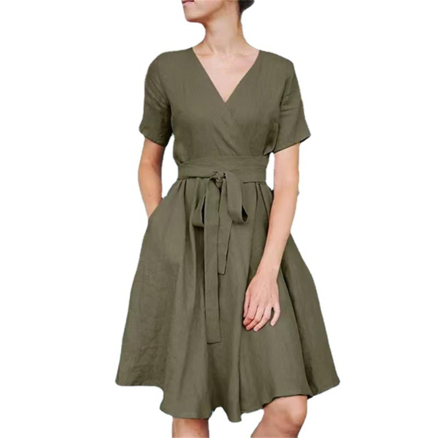 JuliaFashion-Lace-Up Casual Work Midi Dress