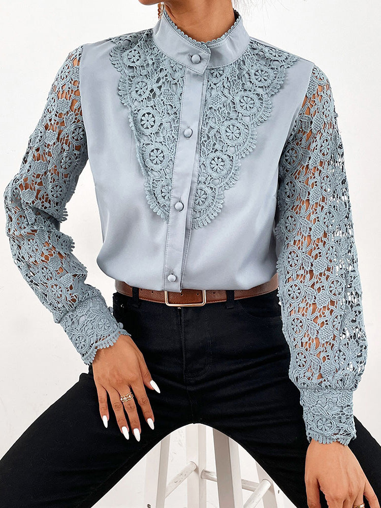 JuliaFashion-Elegant Women's Blouse Vintage Lace Spliced Long Sleeve Shirt Tops