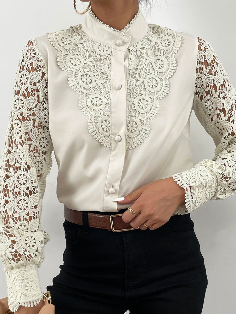 JuliaFashion-Elegant Women's Blouse Vintage Lace Spliced Long Sleeve Shirt Tops