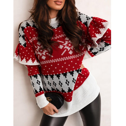 JuliaFashion-Christmas Style Women Loose-neck Petal-sleeve Sweater