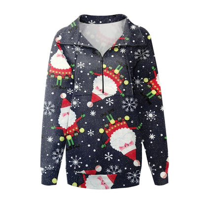 JuliaFashion - 2024 Women Christmas Casual Stand Collar Printed Long-Sleeves Zipper Coat