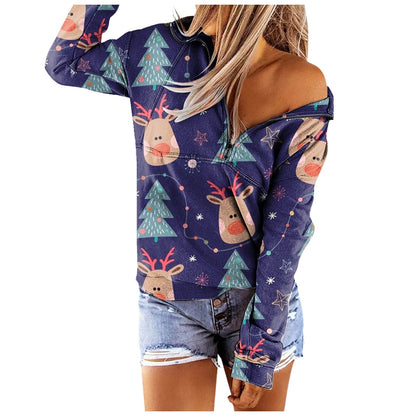 JuliaFashion - 2024 Women Christmas Casual Stand Collar Printed Long-Sleeves Zipper Coat