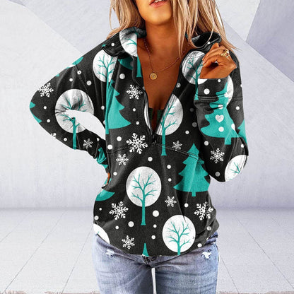 JuliaFashion - 2024 Women Christmas Casual Stand Collar Printed Long-Sleeves Zipper Coat