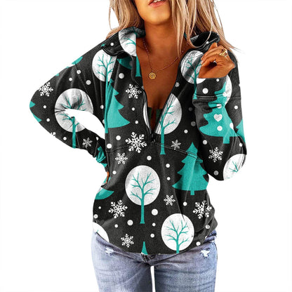 JuliaFashion - 2024 Women Christmas Casual Stand Collar Printed Long-Sleeves Zipper Coat