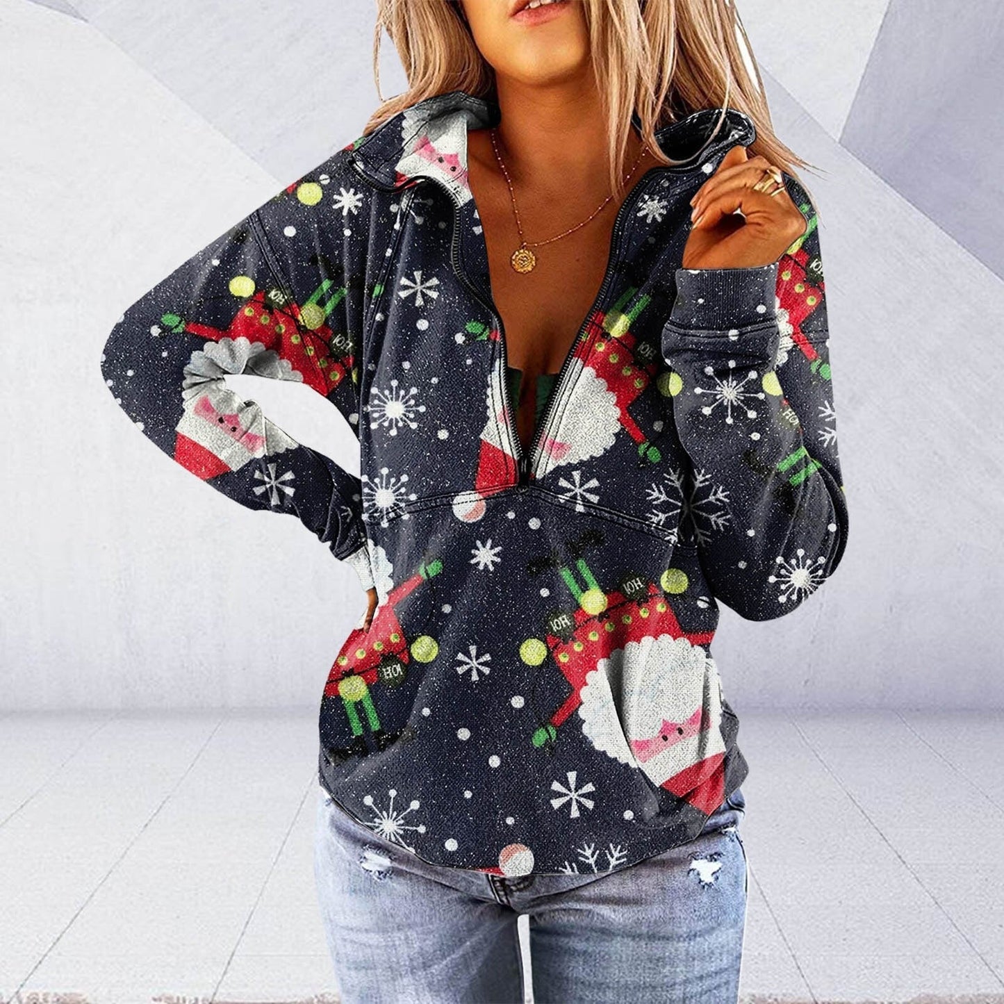 JuliaFashion - 2024 Women Christmas Casual Stand Collar Printed Long-Sleeves Zipper Coat