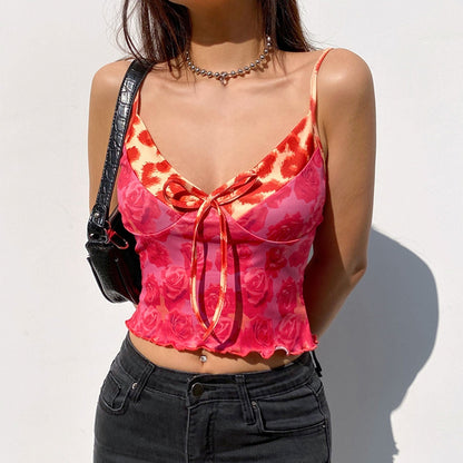 JuliaFashion - 2024 Rose Print V-Neck Cami Tops