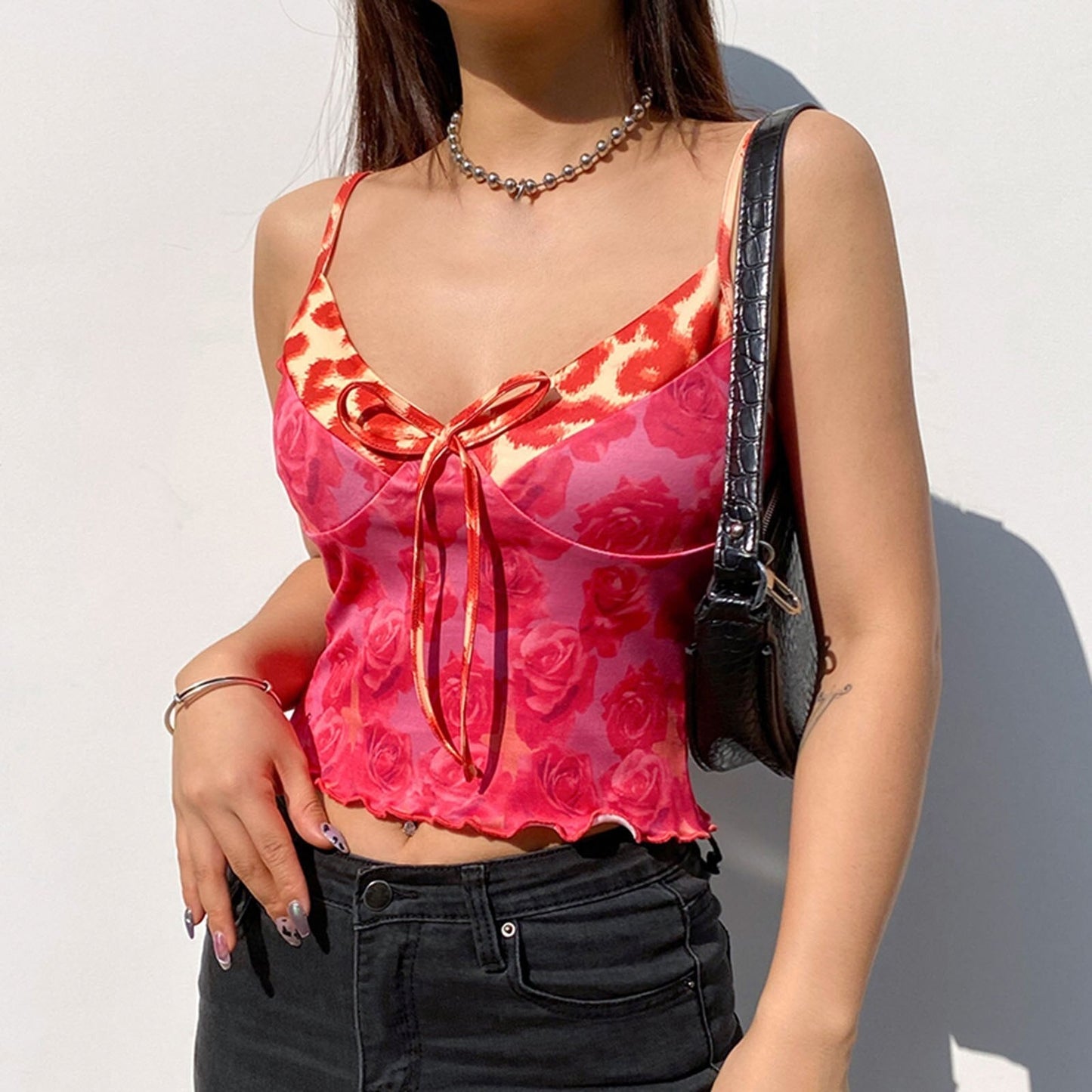 JuliaFashion - 2024 Rose Print V-Neck Cami Tops