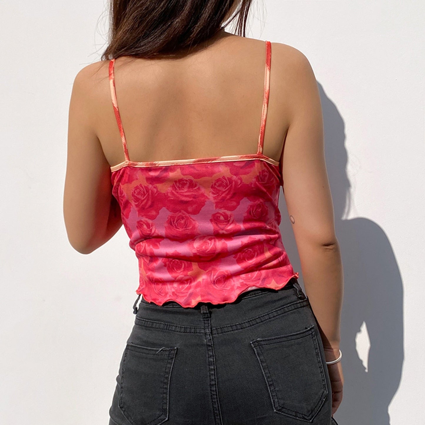 JuliaFashion - 2024 Rose Print V-Neck Cami Tops