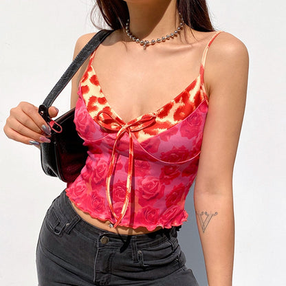 JuliaFashion - 2024 Rose Print V-Neck Cami Tops