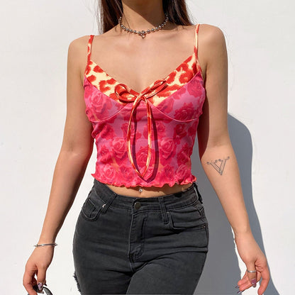 JuliaFashion - 2024 Rose Print V-Neck Cami Tops