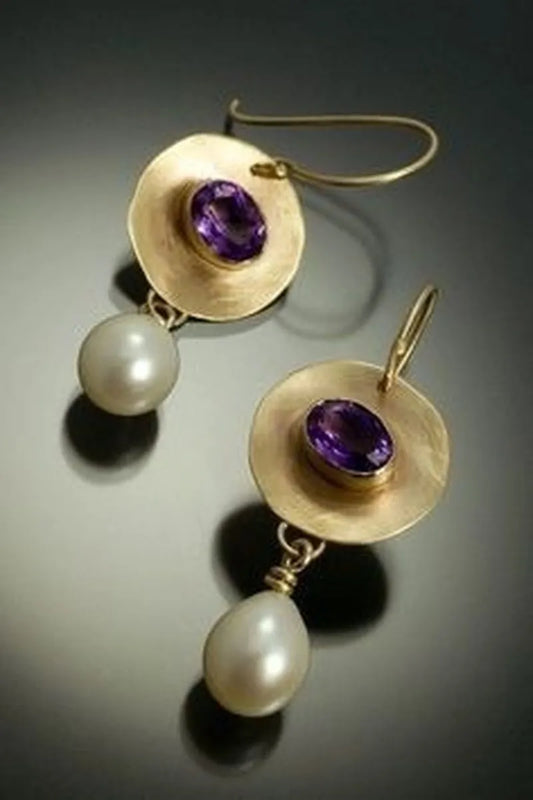 JuliaFashion - 2024 Purple Gem Gold Pendant Earrings