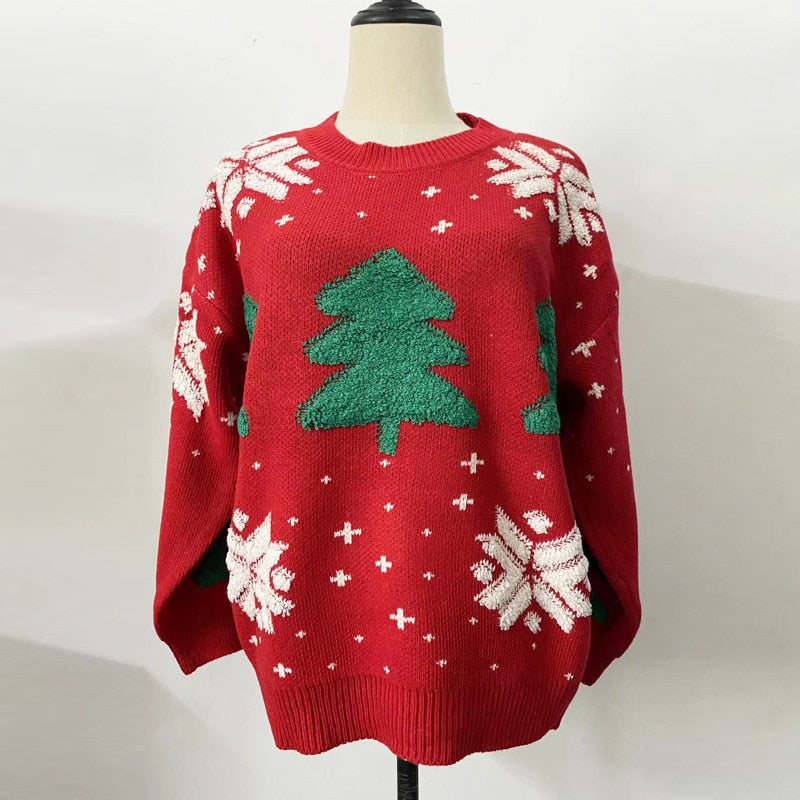 JuliaFashion-Christmas Tree Sweaters Long Sleeve Tree Snowflake Embroidery Loose Knit Pullovers