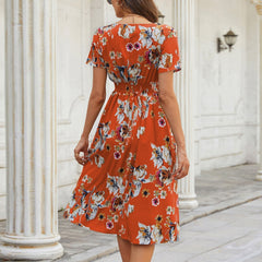 JuliaFashion-Floral Printed V-neck Midi Dress