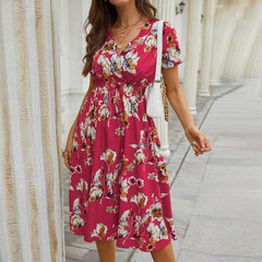 JuliaFashion-Floral Printed V-neck Midi Dress