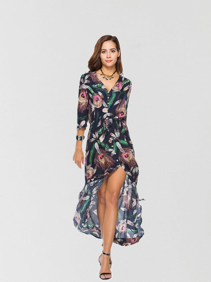 JuliaFashion-Feather Weight Printed High Slit Maxi Dress