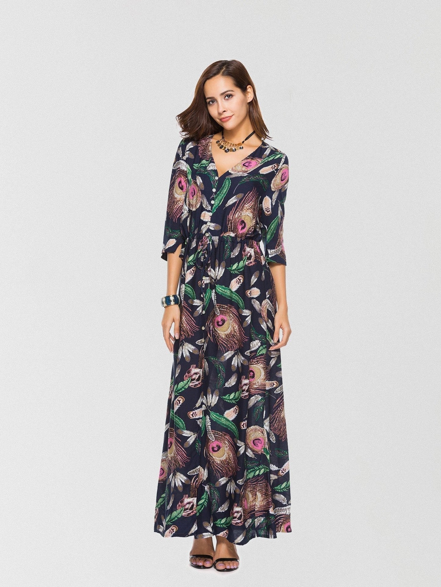 JuliaFashion-Feather Weight Printed High Slit Maxi Dress