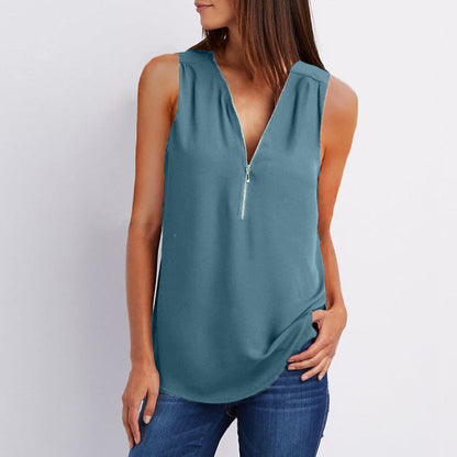 JuliaFashion - 2024 Women's V-Neck Zipper Loose Solid Tee Tops