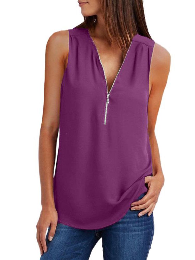 JuliaFashion - 2024 Women's V-Neck Zipper Loose Solid Tee Tops