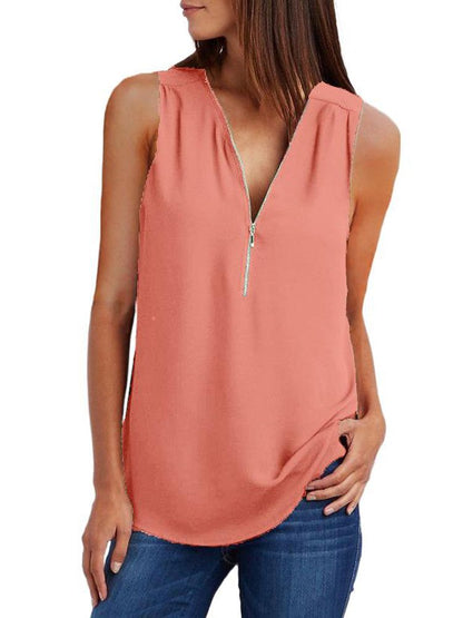 JuliaFashion - 2024 Women's V-Neck Zipper Loose Solid Tee Tops