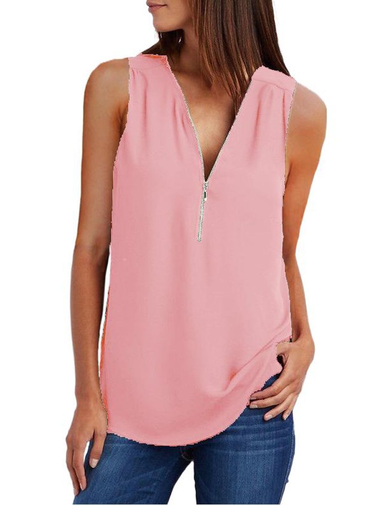 JuliaFashion - 2024 Women's V-Neck Zipper Loose Solid Tee Tops