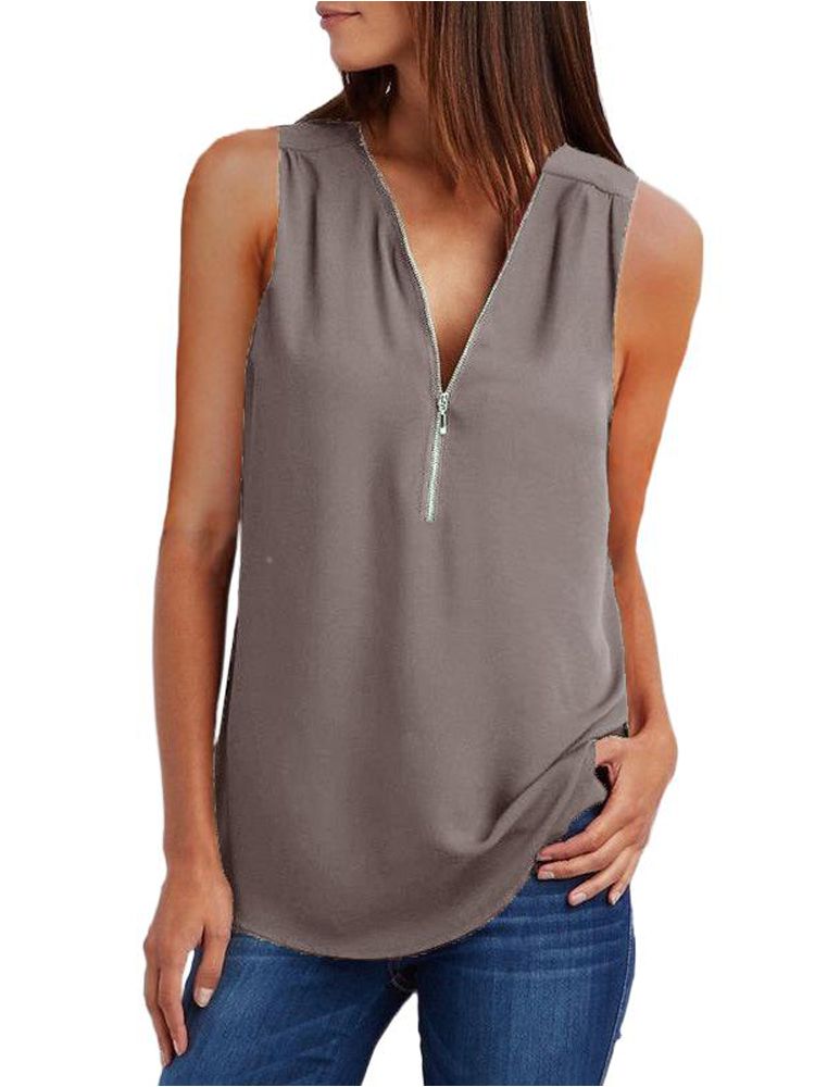 JuliaFashion - 2024 Women's V-Neck Zipper Loose Solid Tee Tops