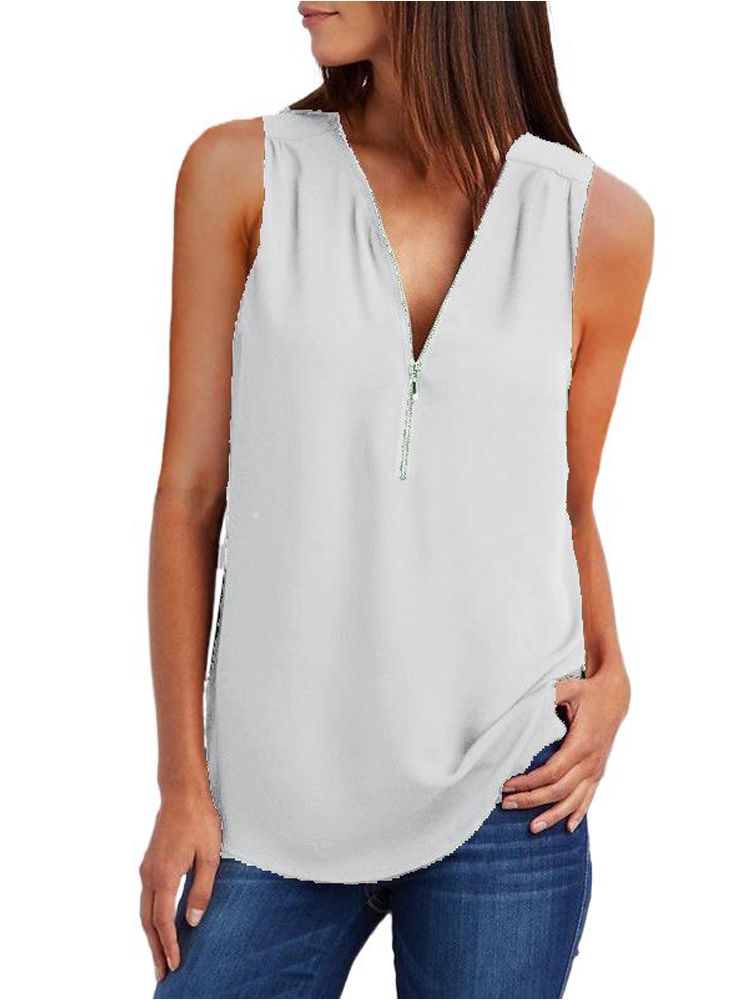 JuliaFashion - 2024 Women's V-Neck Zipper Loose Solid Tee Tops