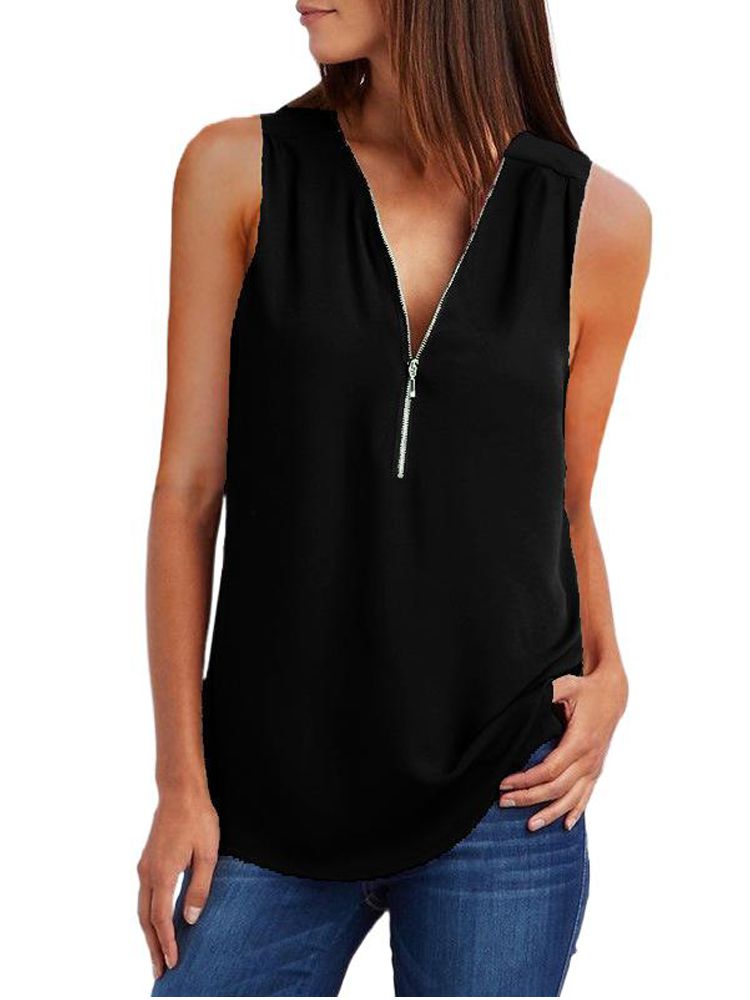 JuliaFashion - 2024 Women's V-Neck Zipper Loose Solid Tee Tops