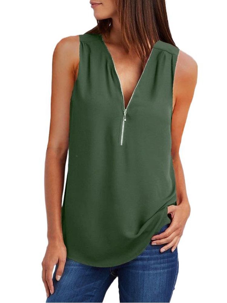 JuliaFashion - 2024 Women's V-Neck Zipper Loose Solid Tee Tops