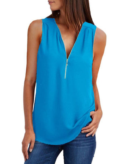 JuliaFashion - 2024 Women's V-Neck Zipper Loose Solid Tee Tops