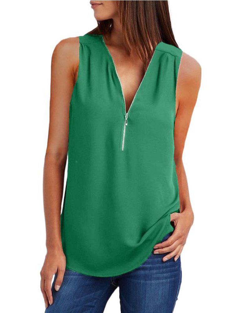 JuliaFashion - 2024 Women's V-Neck Zipper Loose Solid Tee Tops