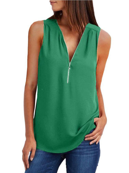 JuliaFashion - 2024 Women's V-Neck Zipper Loose Solid Tee Tops