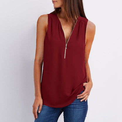 JuliaFashion - 2024 Women's V-Neck Zipper Loose Solid Tee Tops