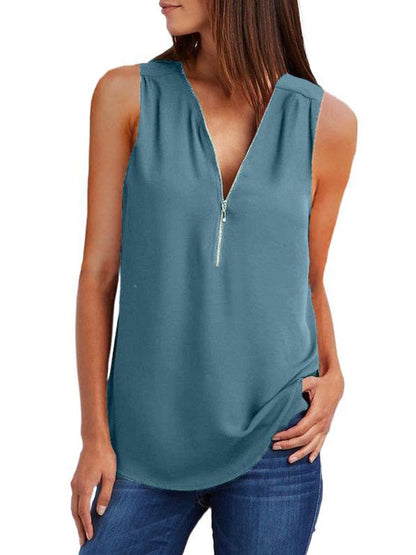 JuliaFashion - 2024 Women's V-Neck Zipper Loose Solid Tee Tops