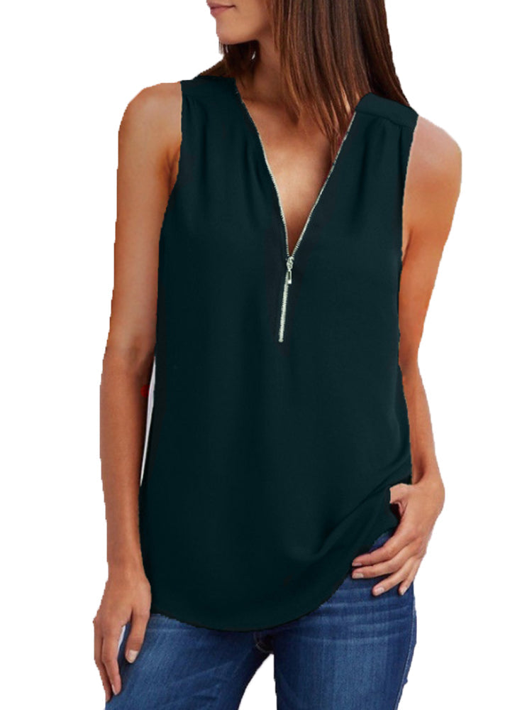 JuliaFashion - 2024 Women's V-Neck Zipper Loose Solid Tee Tops