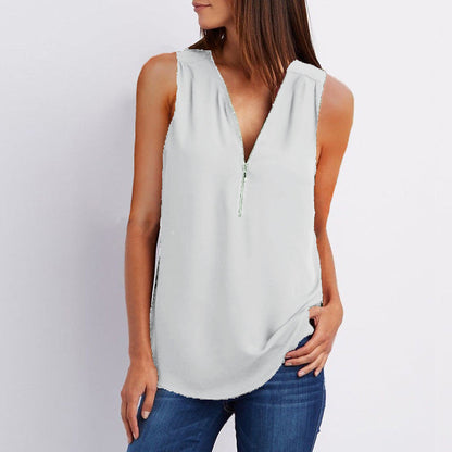 JuliaFashion - 2024 Women's V-Neck Zipper Loose Solid Tee Tops