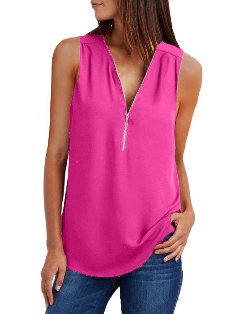 JuliaFashion - 2024 Women's V-Neck Zipper Loose Solid Tee Tops