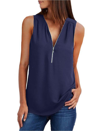 JuliaFashion - 2024 Women's V-Neck Zipper Loose Solid Tee Tops