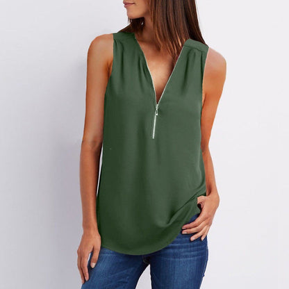 JuliaFashion - 2024 Women's V-Neck Zipper Loose Solid Tee Tops