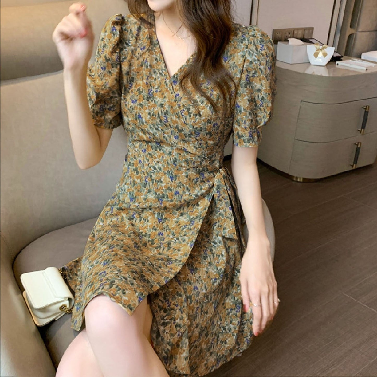 JuliaFashion-Korean Style A-line Floral Mini Dress