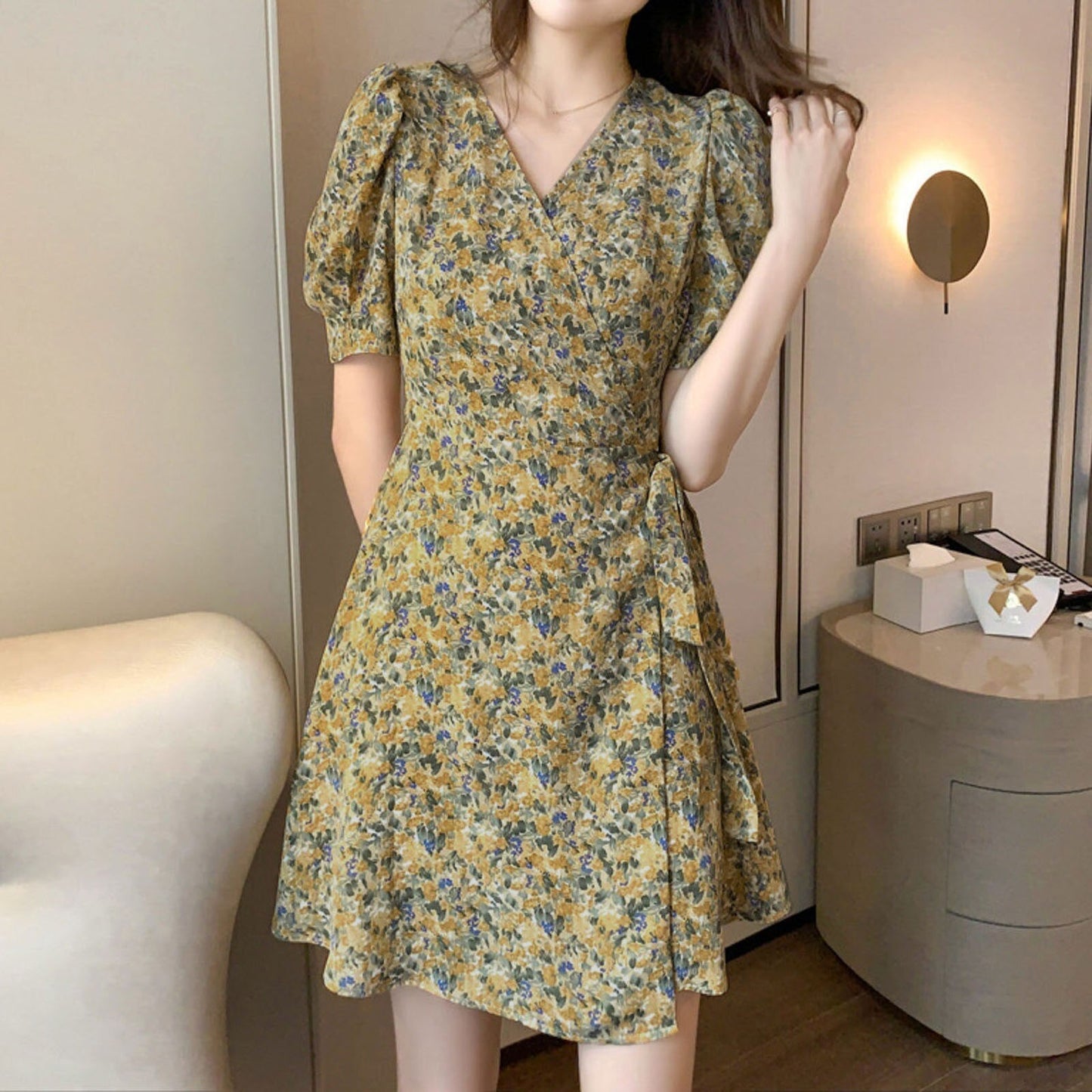 JuliaFashion-Korean Style A-line Floral Mini Dress