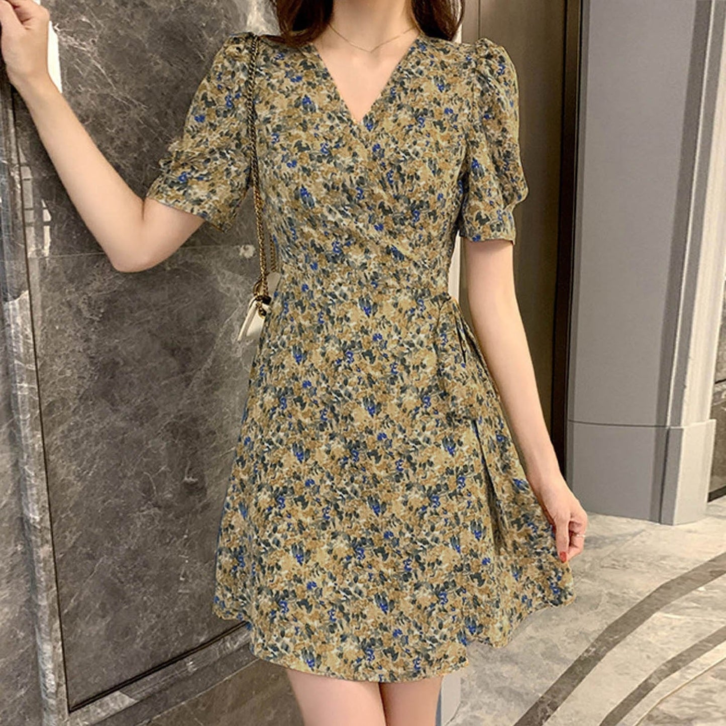 JuliaFashion-Korean Style A-line Floral Mini Dress