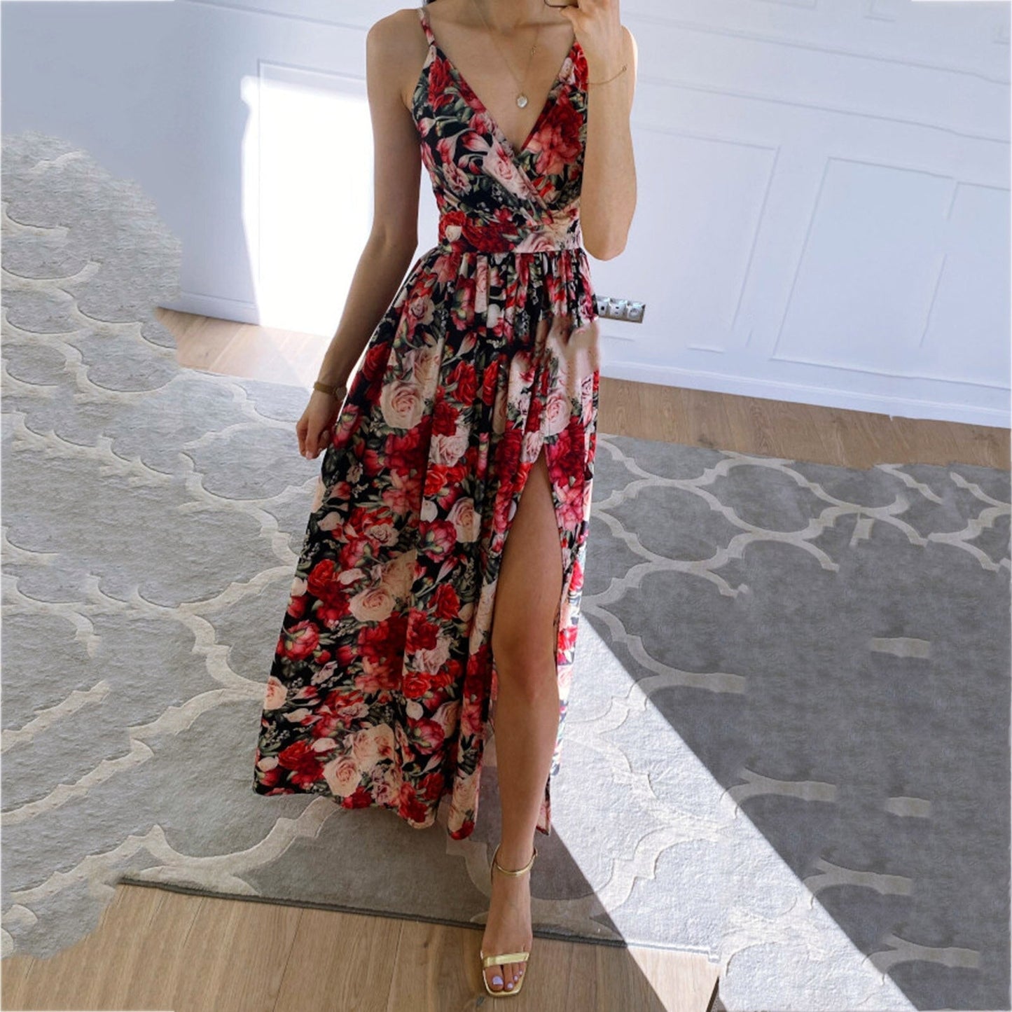 JuliaFashion-Elegant Sleeveless V-Neck Maxi Dress