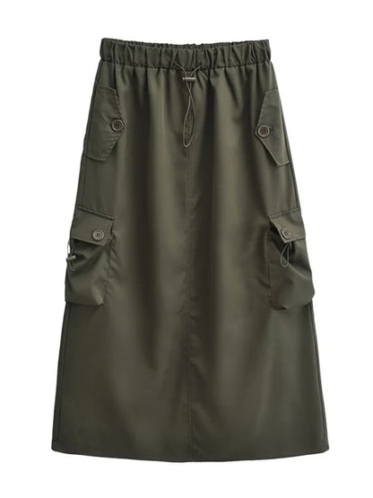 JuliaFashion-High Waist Black Cargo A-Line Midi Skirt