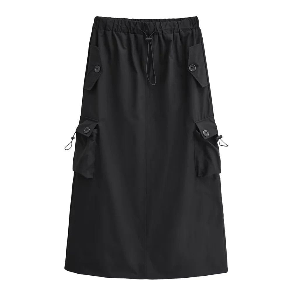 JuliaFashion-High Waist Black Cargo A-Line Midi Skirt