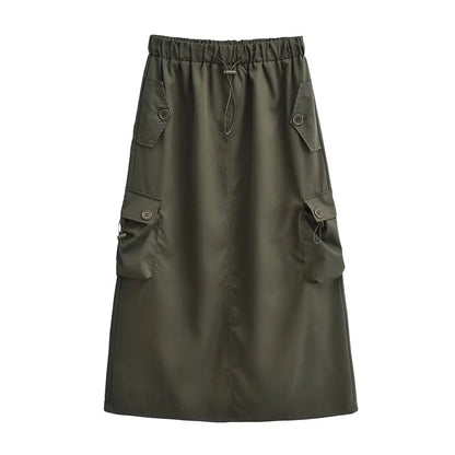 JuliaFashion-High Waist Black Cargo A-Line Midi Skirt