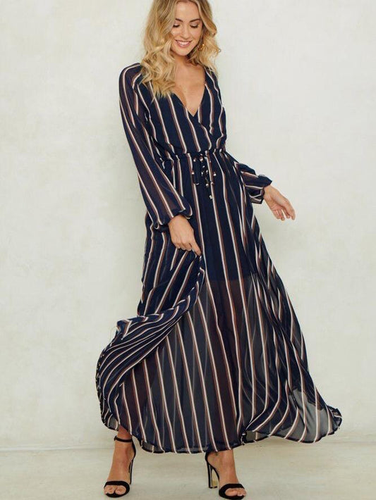 JuliaFashion-Genia Stripe Surplice Neck Maxi Dress