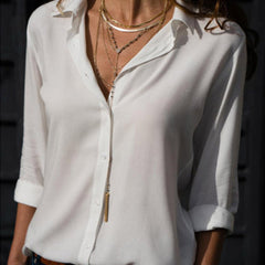 JuliaFashion-Elegant Long Sleeve Oversized Solid V-Neck Chiffon Blouse
